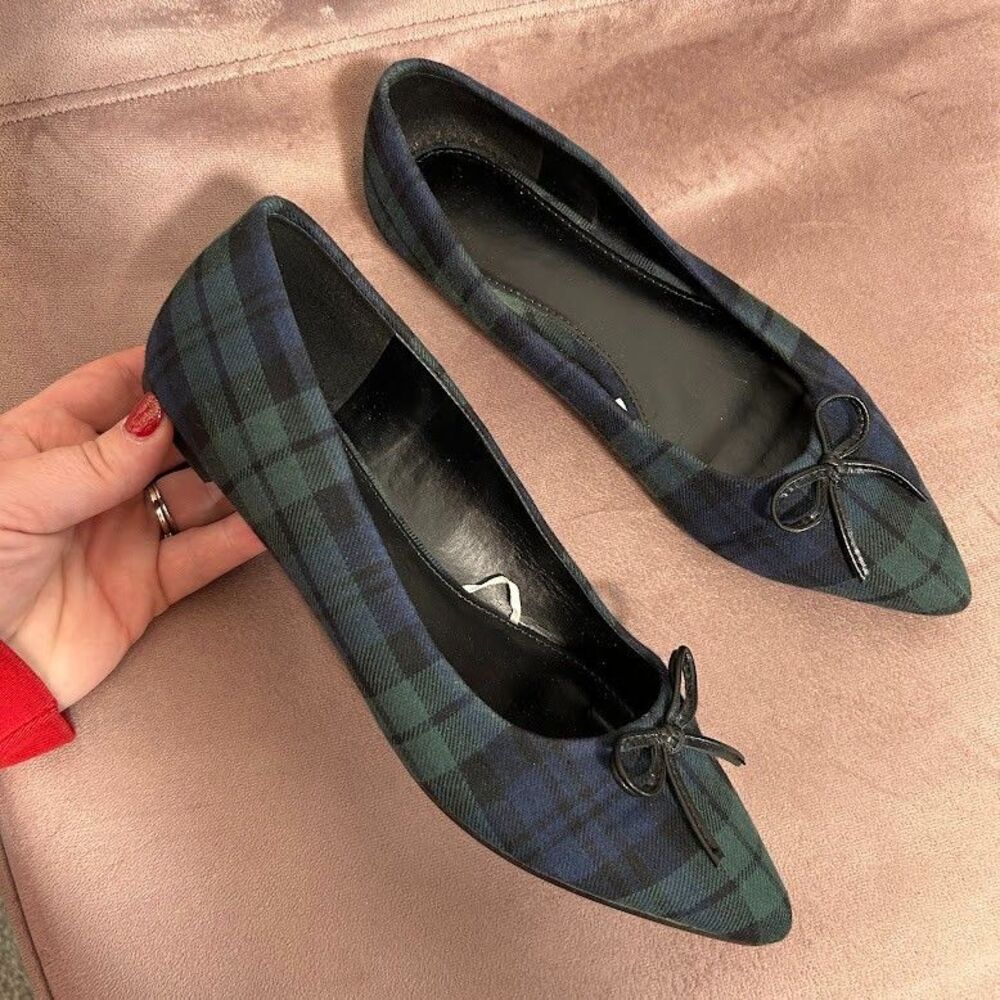 J. Crew Tartan Plaid Ballet Flats Womens 6 Point Toe Bow Navy Blue Green